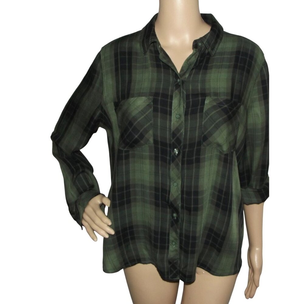 a.n.a Shirt Womens Size PL Green Black Plaid Button Down rayon roll tab sleeves